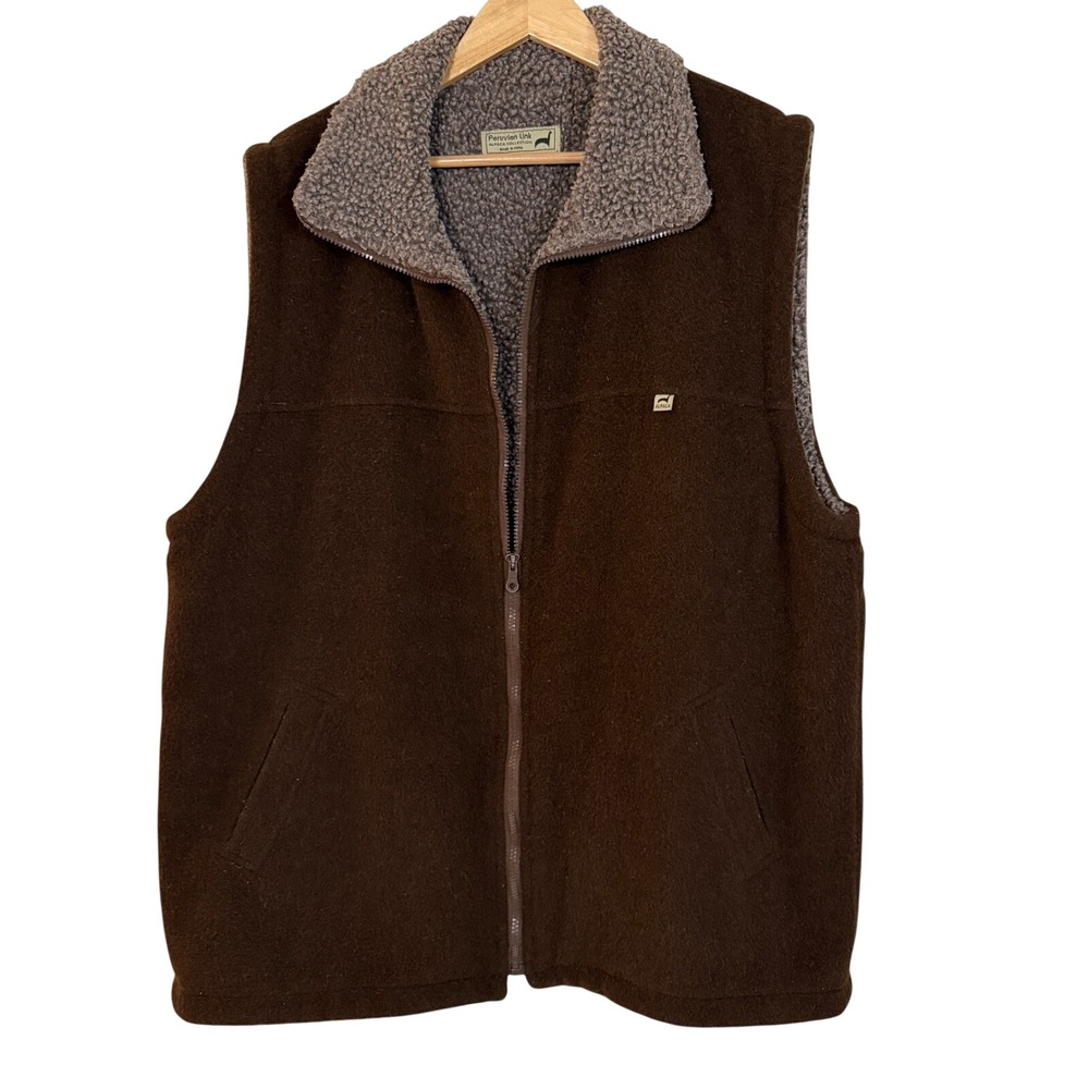 Peruvian Link Alpaca Vest Mens XL Brown Sherpa Lined Full Zip Good Wool Blend